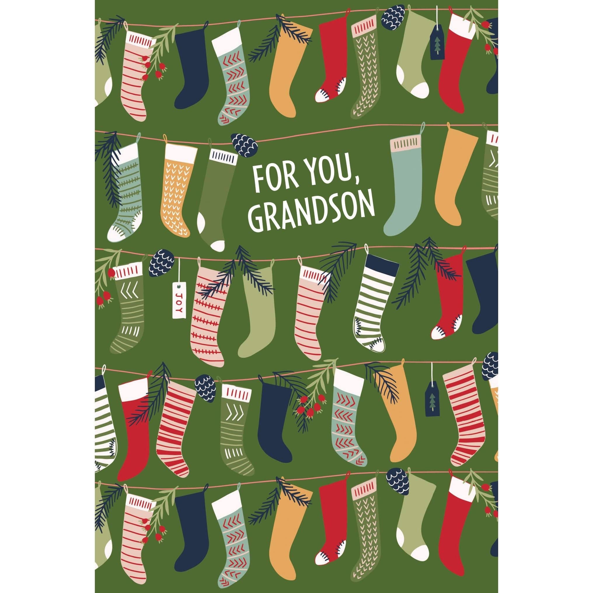 Pictura Christmas card featuring bunches of stockings and a festive design, perfect for greeting a grandson during the holiday season.